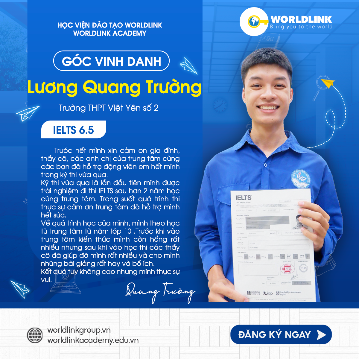 Học viên Lương Quang Trường - IELTS 6.5 Overall